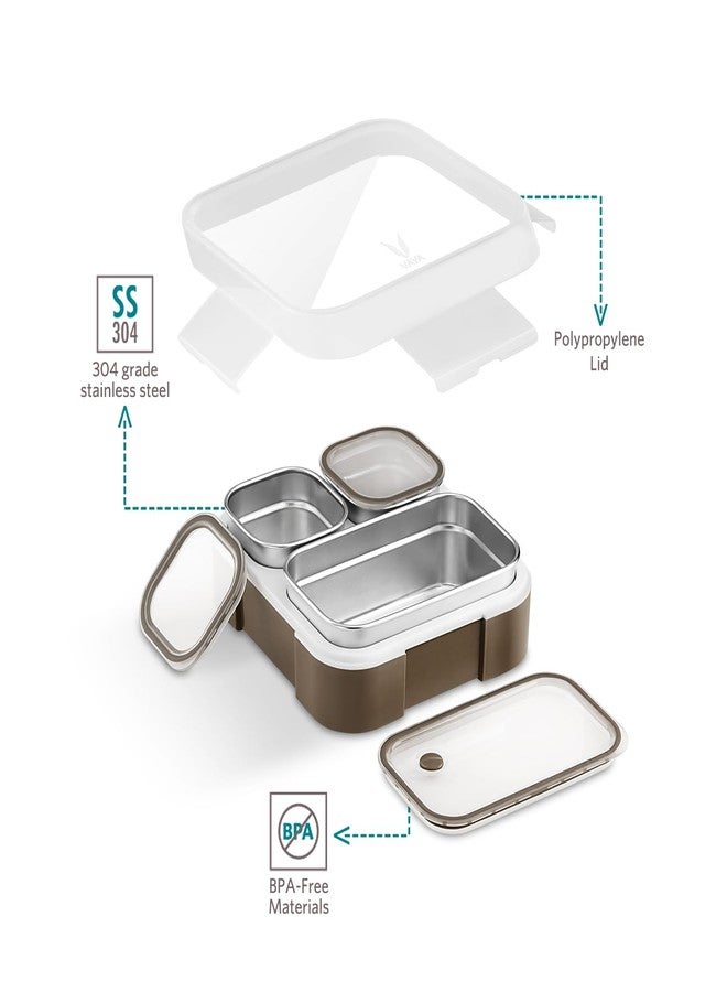 VAYA TYDBYT Lunchbox, Stainless Steel Bento Lunch Box with 3 Compartments - Ideal for Kids, Office, and School Use, Color - Brown - Image 3